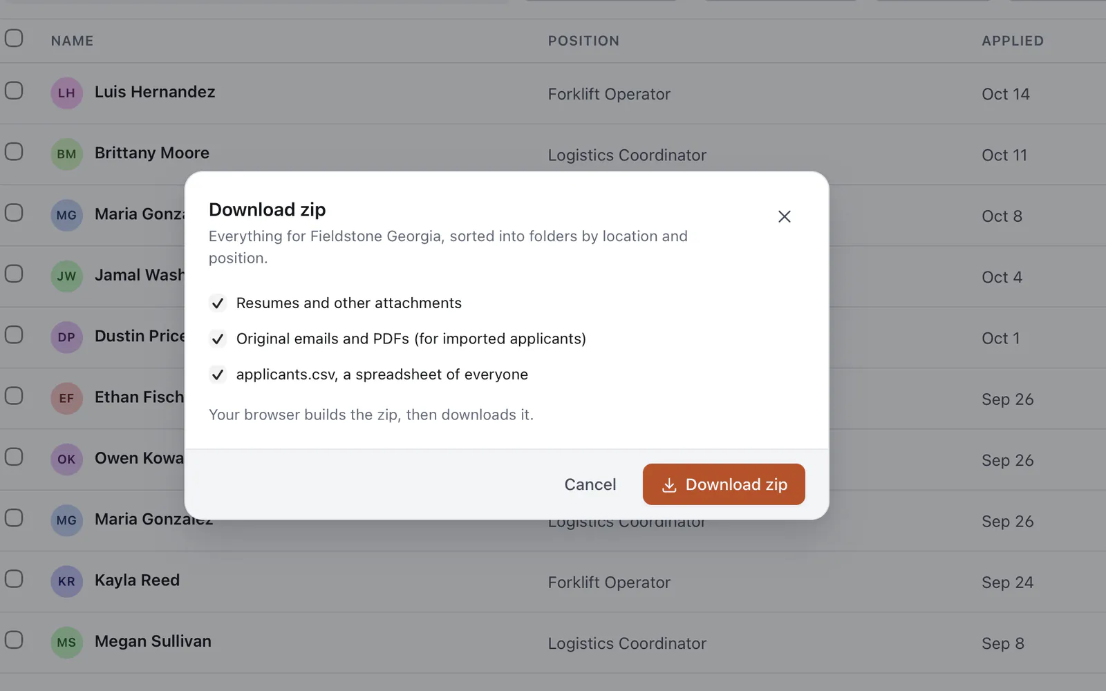 The Download zip dialog over the Fieldstone Georgia folder, with options for resumes and other attachments, original emails and PDFs for imported applicants, and applicants.csv.
