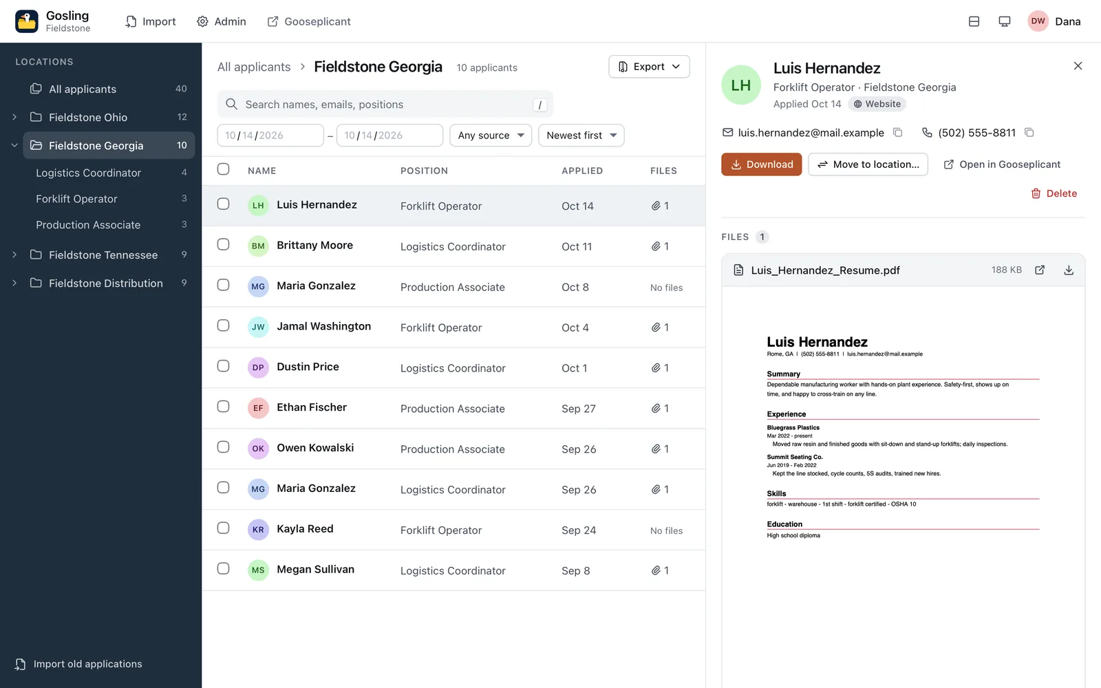 Gosling: a sidebar of locations with applicant counts and position folders, the Fieldstone Georgia folder listing ten applicants with position, date and file count, and an applicant pane showing contact details, Download and Move to location buttons, and an inline resume preview.