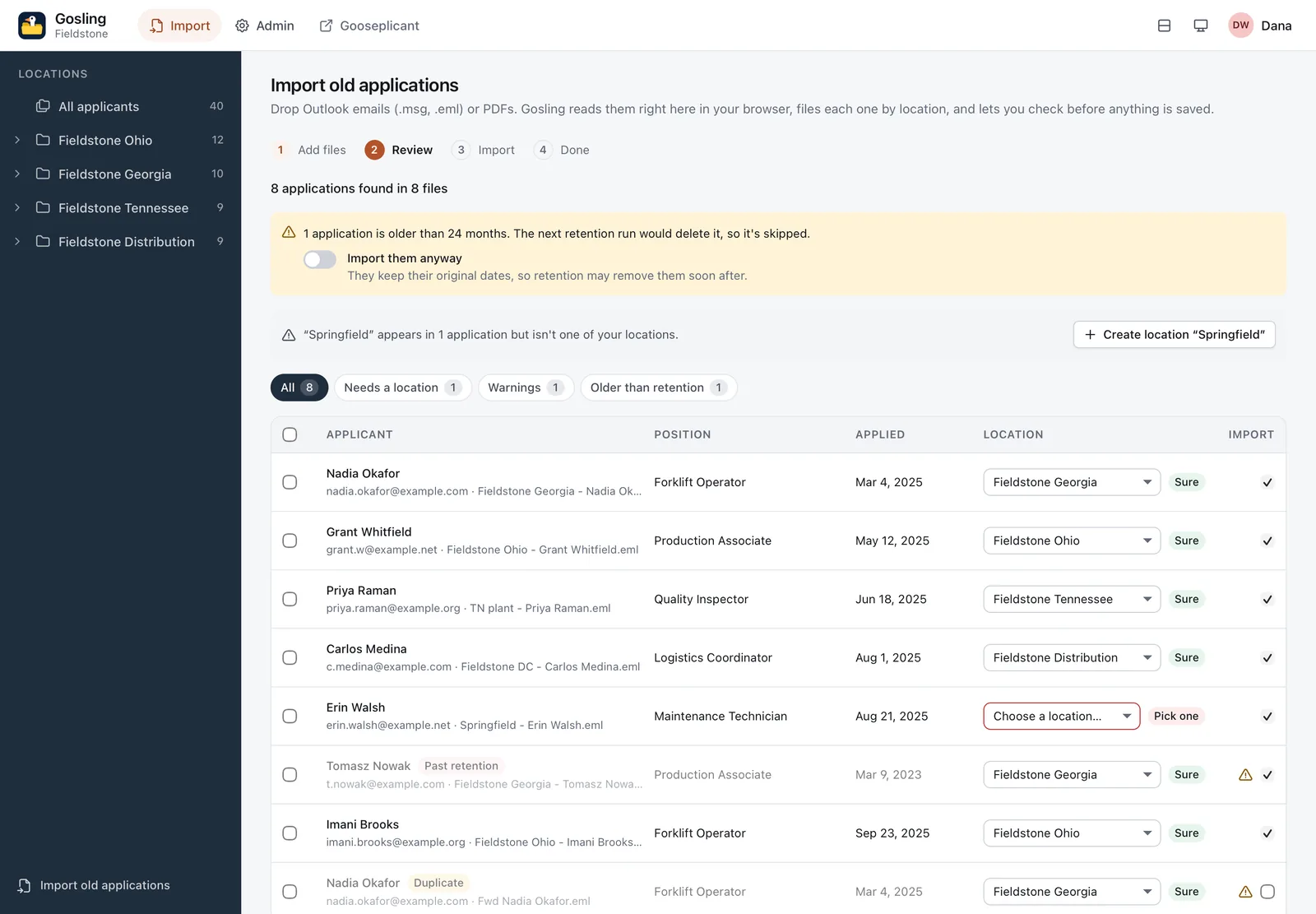 The import review step: eight applications found in eight files, a notice that one is older than the 24-month retention period and will be skipped, a prompt to create the unknown location Springfield, and a table of applicants with position, date, a location dropdown and a confidence chip such as Sure or Pick one.