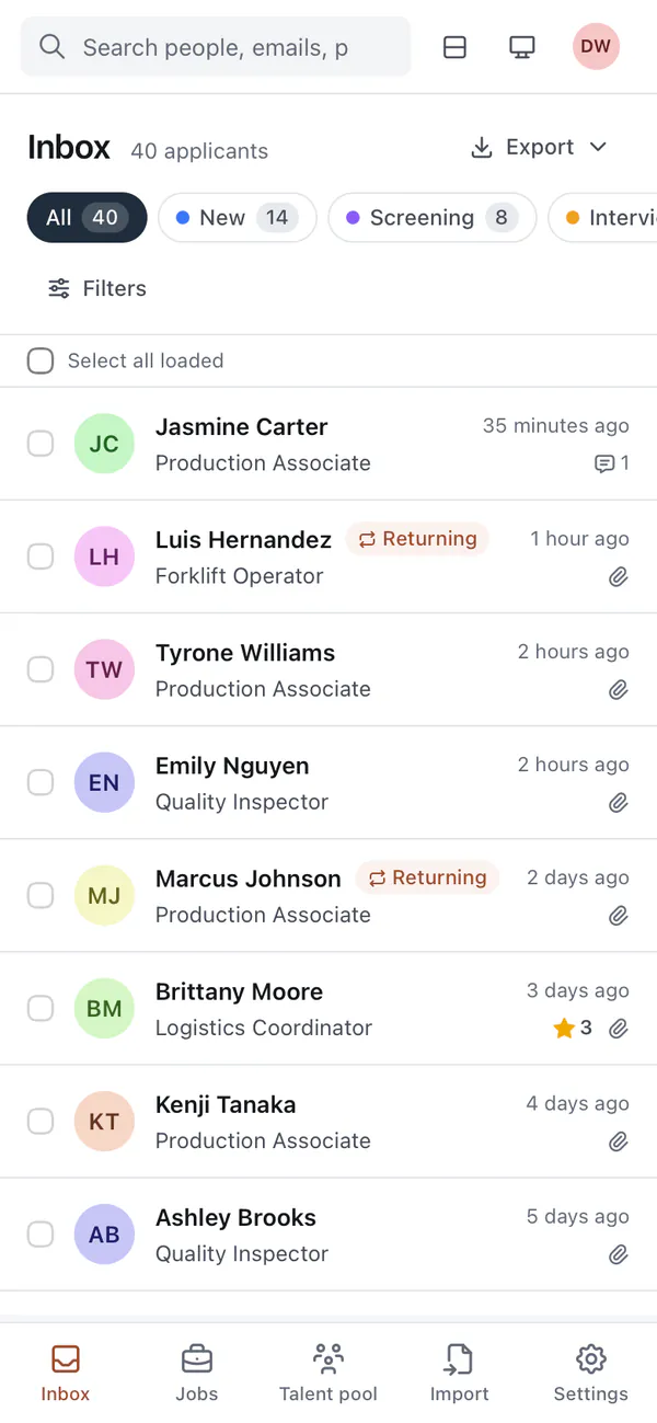 The inbox on a phone, with stage tabs, a Filters button and a bottom tab bar.
